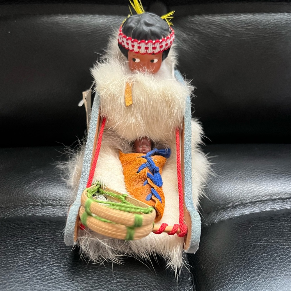 Vtg Alaska Eskimo Doll Sled Mother & Baby Fur Parka J&H Sales Handmade Canada